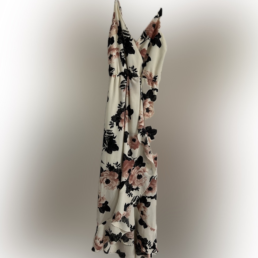 Long Floral Spaghetti Strap Wrap Dress -cream floral print